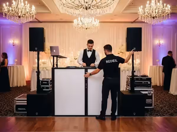 DJ con luces sobre la pista de baile en fiesta de boda