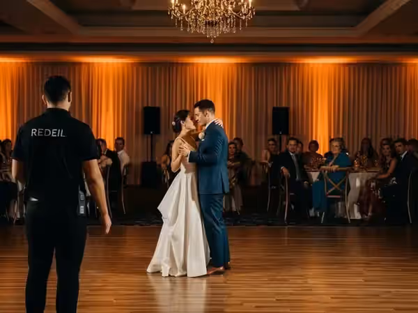 Primer baile de los novios con iluminación ámbar y audio en salón
