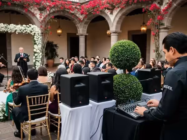 Bocinas colocadas bajo los arcos de una hacienda para la ceremonia