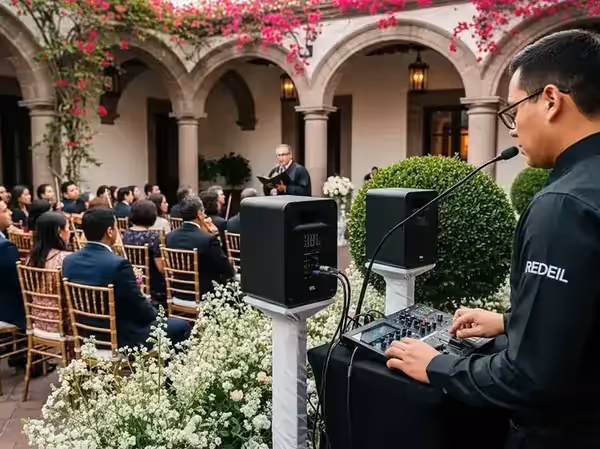 Técnico operando la mezcladora durante la ceremonia en hacienda
