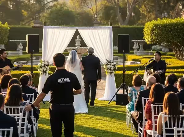 Cantante con micrófono durante la ceremonia de boda en jardín