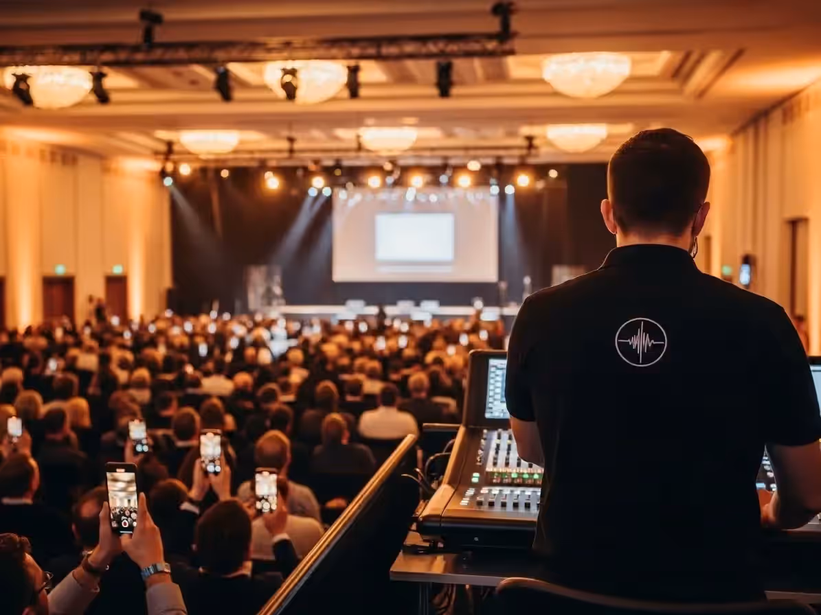 Bocinas instaladas para la presentación de un evento empresarial