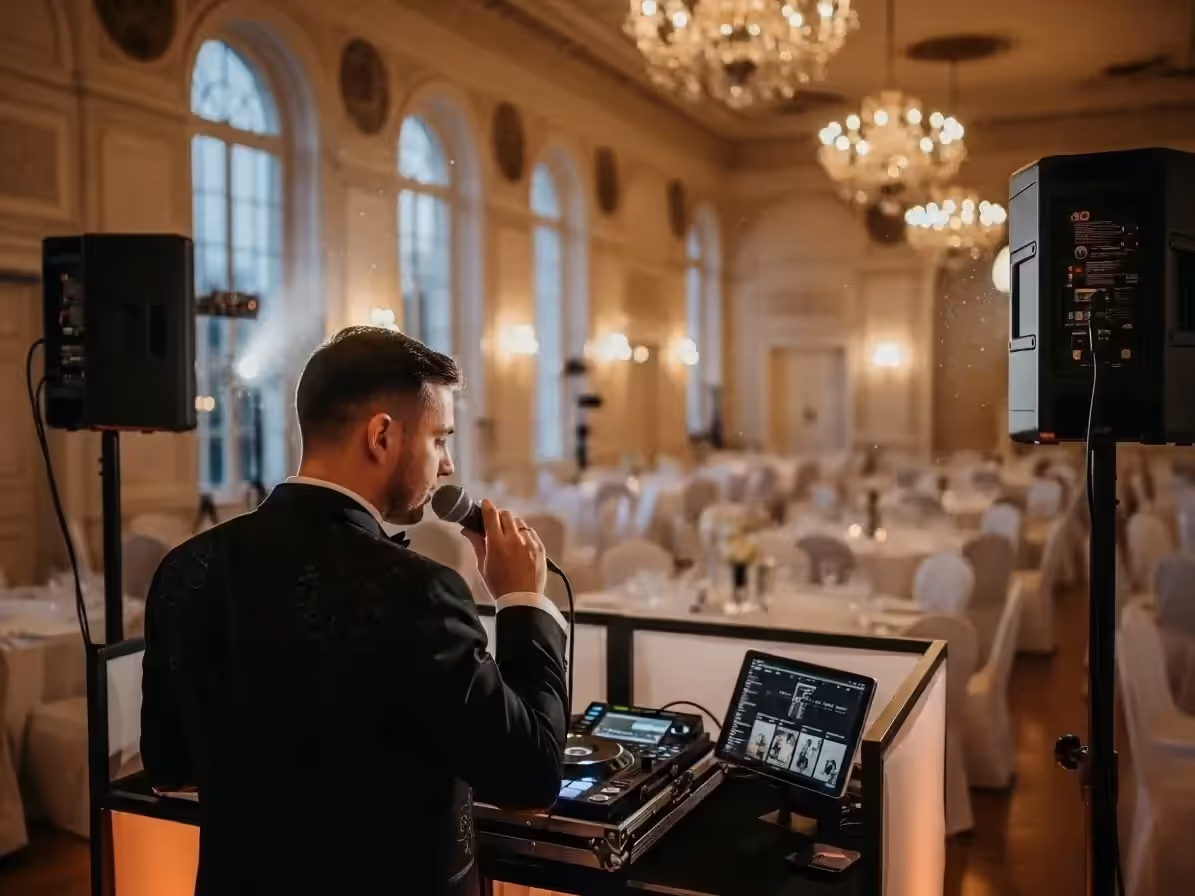 DJ animando posada navideña con invitados bailando