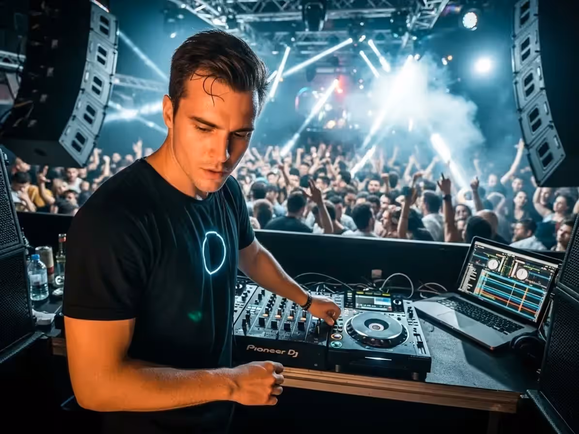 DJ con audífonos operando la mezcladora en un evento de producción