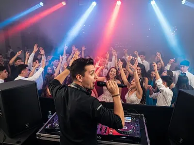 DJ con iluminacion robotica en evento corporativo