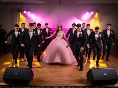 Renta de bocinas para XV anos con chambelanes y vestido rosa - audio profesional quinceañera CDMX