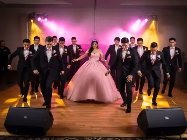Baile de chambelanes en formación con vestido rosa