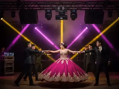 Renta de bocinas para coreografia XV anos - vestido magenta con bocinas JBL CDMX