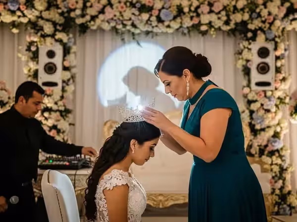 Coronación de la quinceañera con tiara y audio profesional