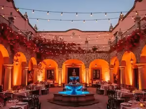 Iluminación City Color en hacienda mexicana con fuente iluminada - Renta de luces para bodas CDMX