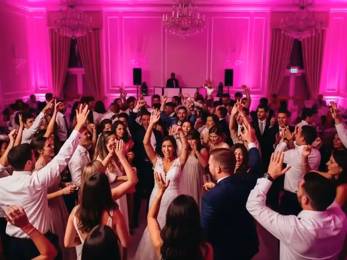 Renta de luces para fiestas con iluminacion rosa en salon de baile