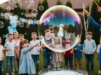 Ninos jugando con burbujas en cumpleaños