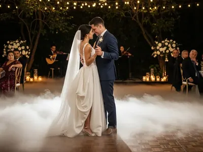 Boda en jardin con humo bajo al atardecer