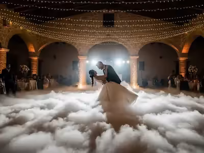 Novios bailando sobre nubes con iluminacion calida