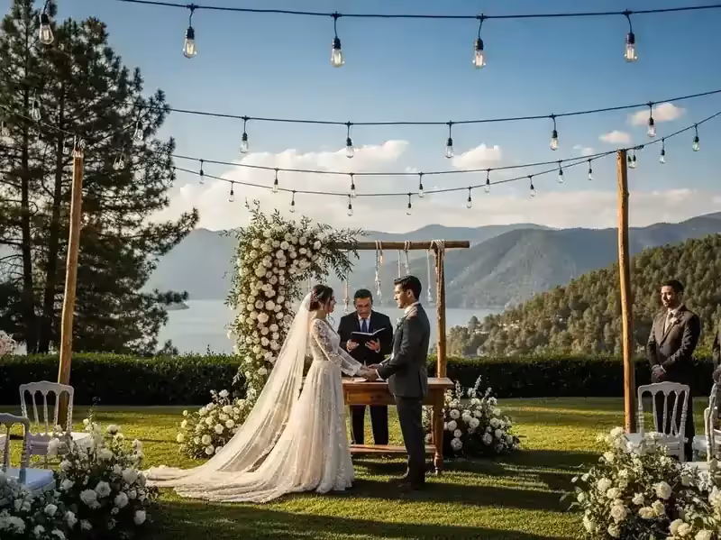 Ceremonia de boda frente a lago con guirnaldas tensadas en estructura