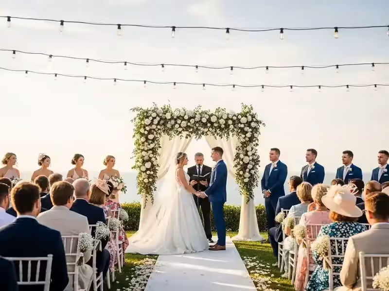 Ceremonia de boda en playa con guirnaldas montadas sobre postes