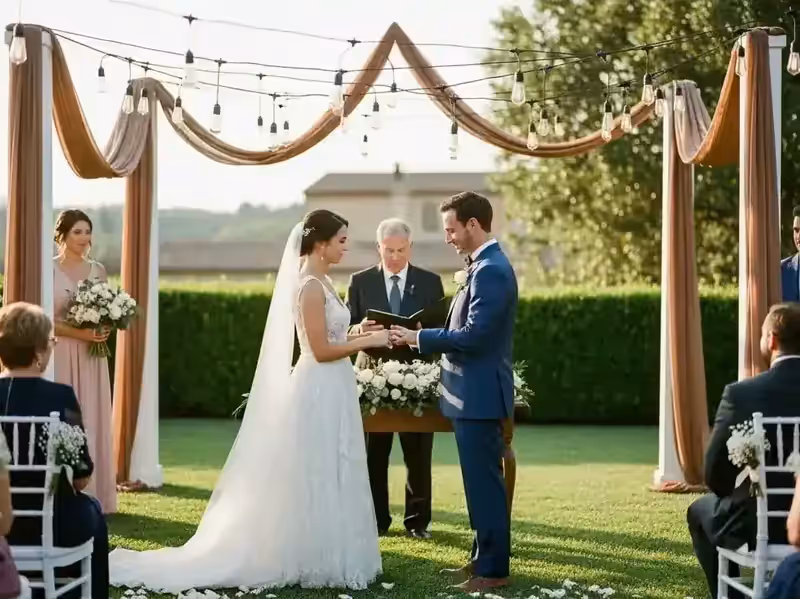 Ceremonia civil bajo pérgola iluminada con guirnaldas Edison