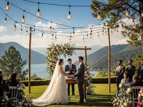 Ceremonia exterior con vista al lago iluminada con guirnaldas