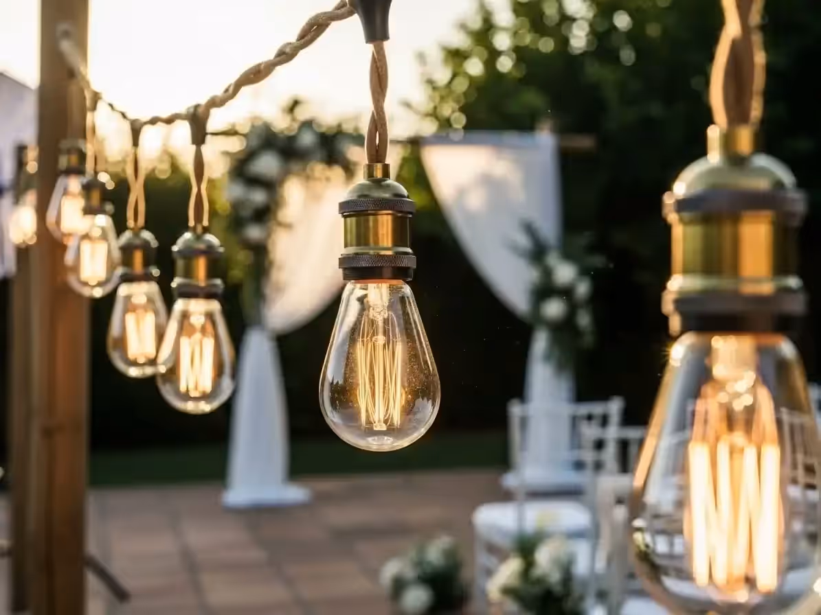 Arco de boda delineado con focos Edison cálidos