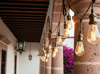 Arcos coloniales con bugambilia y luces Edison