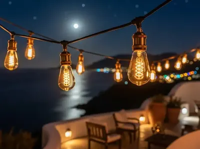 Renta de guirnaldas Edison para terraza con vista al mar - Iluminación profesional
