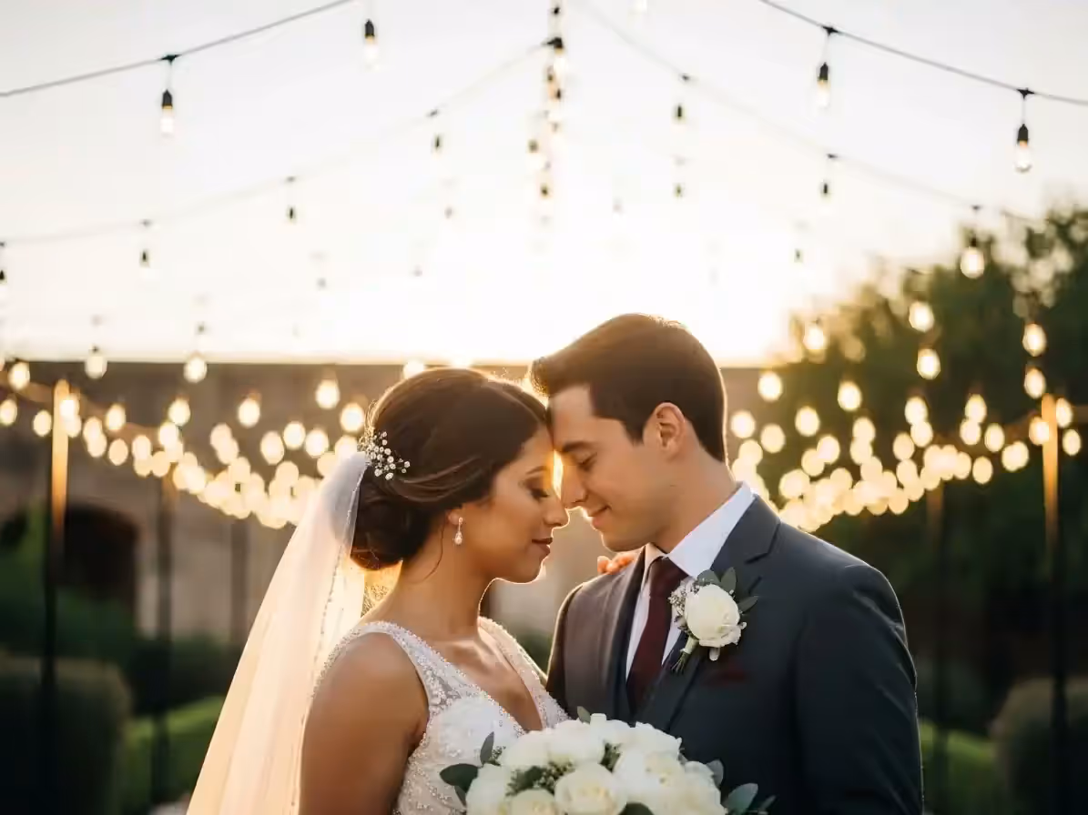 Novios al atardecer con guirnaldas encendidas de fondo