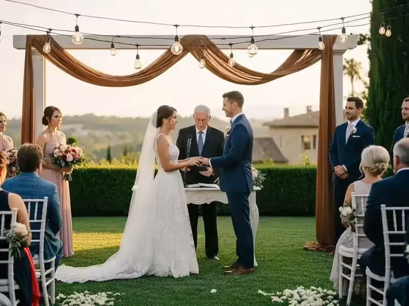 Novios durante los votos bajo pérgola con guirnaldas Edison