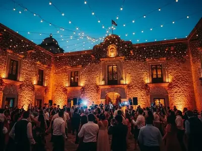 Boda en patio de hacienda con iluminacion arquitectonica