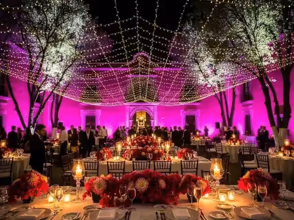 Evento al aire libre con fachada en magenta, luces de cadena y velas