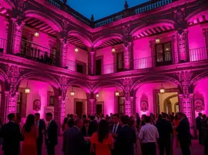 Iluminación arquitectónica de patio colonial con luces magenta - Eventos corporativos CDMX