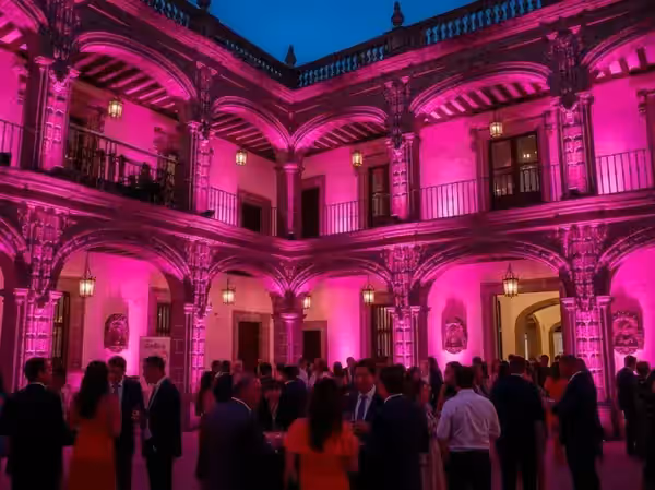 Cóctel corporativo en patio colonial con los muros de piedra en magenta
