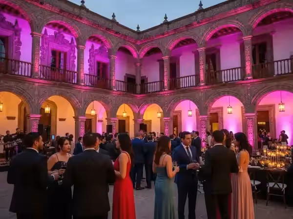 Invitados circulando por un patio colonial en rosa sin cables a la vista