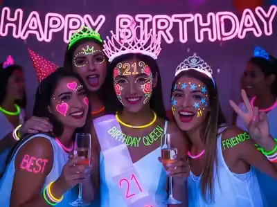 Fiesta de cumpleanos con letrero neon Happy Birthday