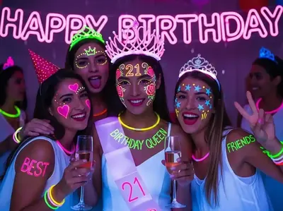 Fiesta de cumpleanos con letrero neon Happy Birthday