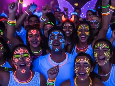 Brindis en fiesta neon con luz UV y accesorios glow