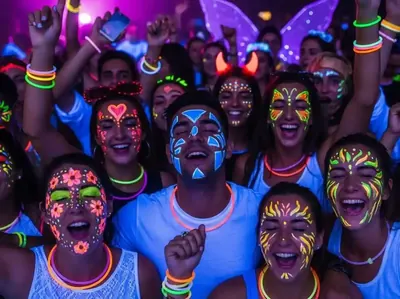 Brindis en fiesta neon con luz UV y accesorios glow