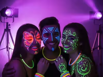 Maquillaje UV fluorescente en fiesta glow CDMX