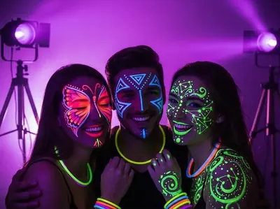 Maquillaje UV fluorescente en fiesta glow CDMX