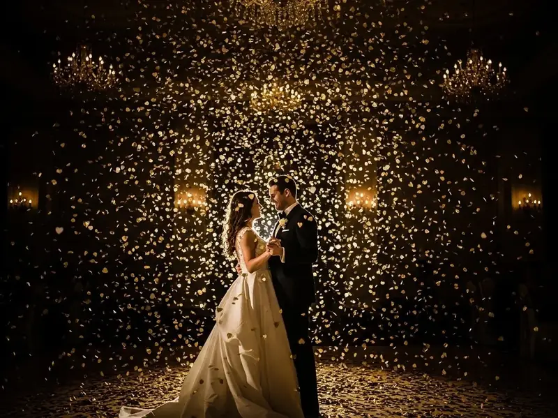 Lluvia de confeti dorado en primer baile de novios romantico