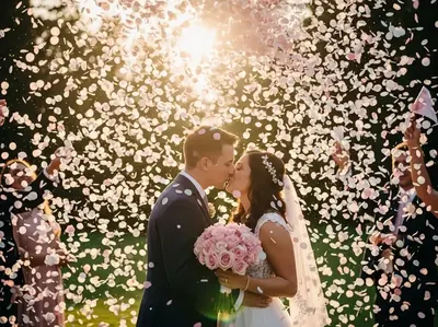 Cañón de pétalos de rosa - Lluvia de pétalos rosa en boda jardín al atardecer CDMX