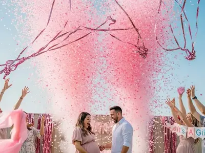 Explosión de confeti rosa en revelación de género - Es niña CDMX