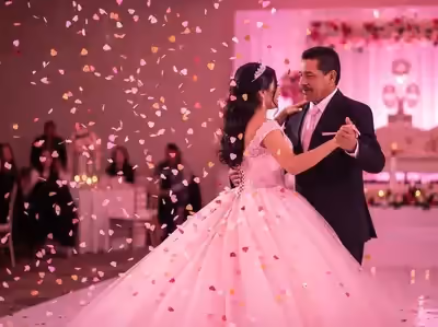 Lluvia de confeti corazones en vals de XV años vestido rosa CDMX