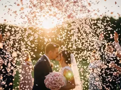 Lluvia de pétalos de rosa en boda exterior romántica CDMX