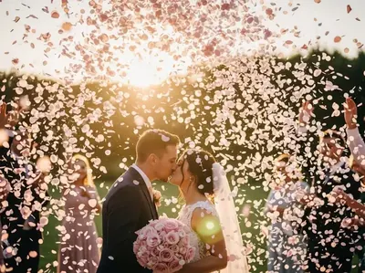 Lluvia de pétalos de rosa en boda exterior romántica CDMX
