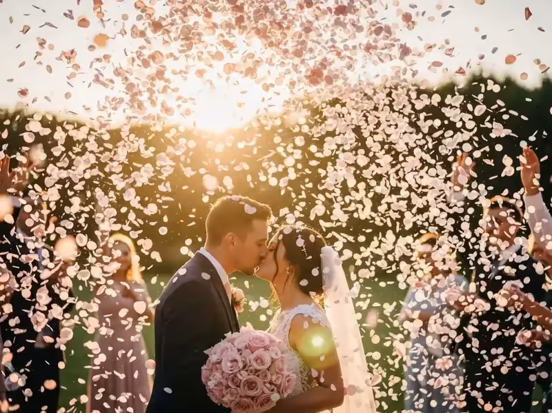 Lluvia de petalos de rosa en boda exterior romantica