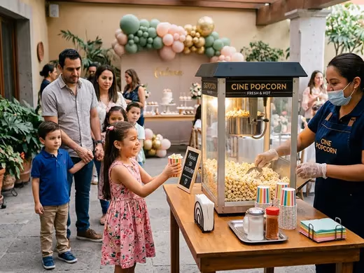 Operador sirviendo palomitas ilimitadas durante una fiesta infantil