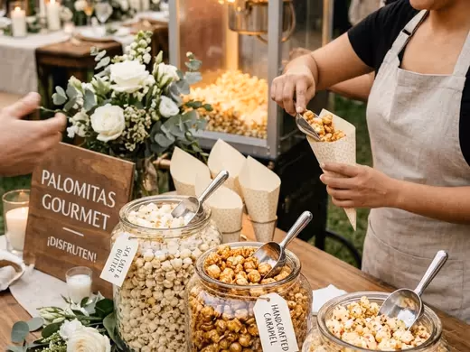Palomitas gourmet de sabores especiales servidas en boda