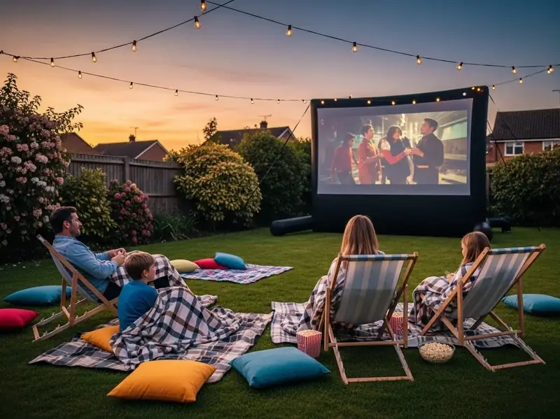 Pantalla inflable en boda al aire libre en hacienda con invitados