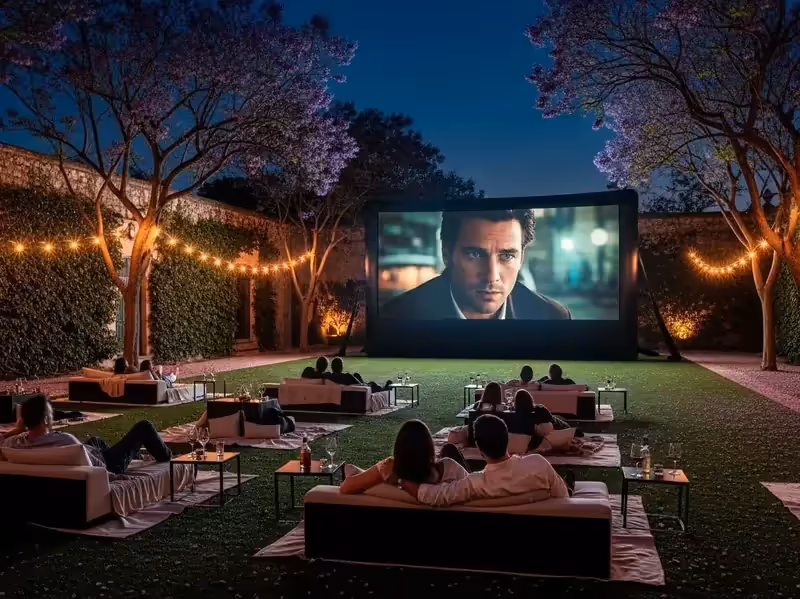 Pantalla inflable en cumpleanos infantil con ninos viendo pelicula