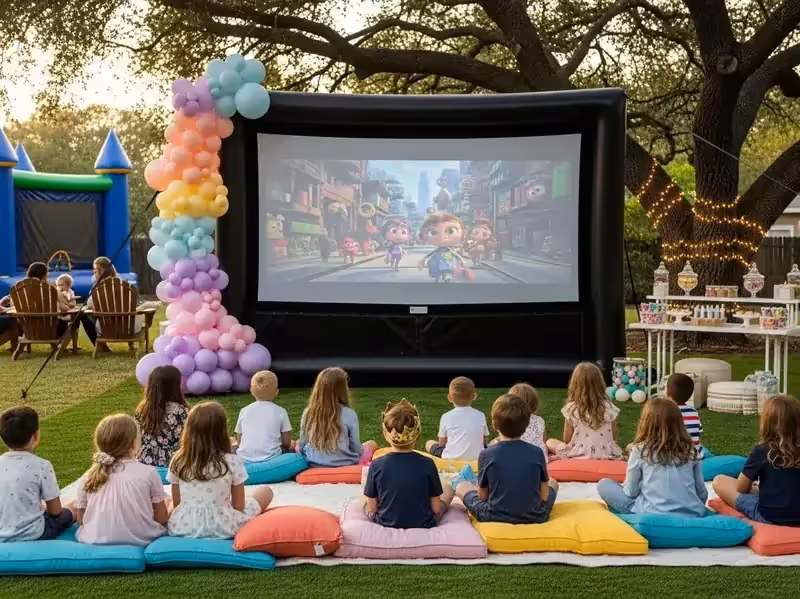 Pantalla inflable grande en fiesta de XV anos en jardin
